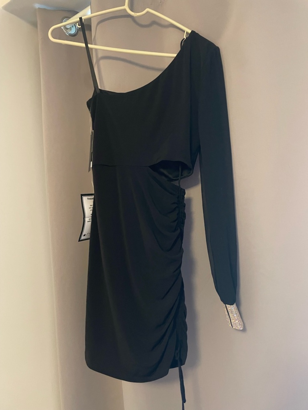 City Studio One-Shoulder Black Ruched Mini Dress with Embellished Cuff